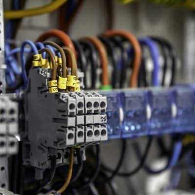 Electrical panel with fuses and contactors, close-up.